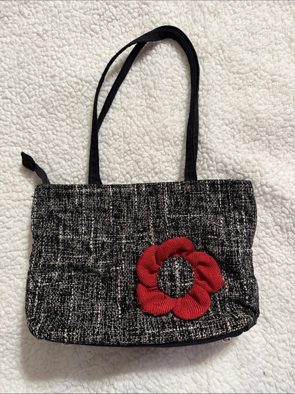 Berkshire Bags -BlackTweed Tote with Red Flower Accent